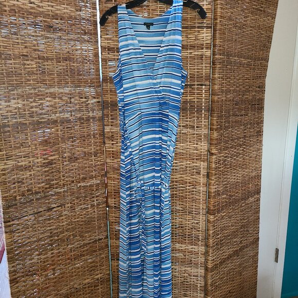 Ann Taylor Dress Women's M Blue White Stripe Maxi Ties Sleeveless Crossover - Picture 1 of 9